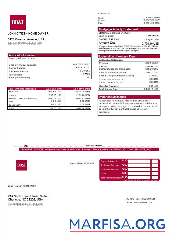 Printable USA Washington BB&T bank mortgage statement in Word and PDF formats example